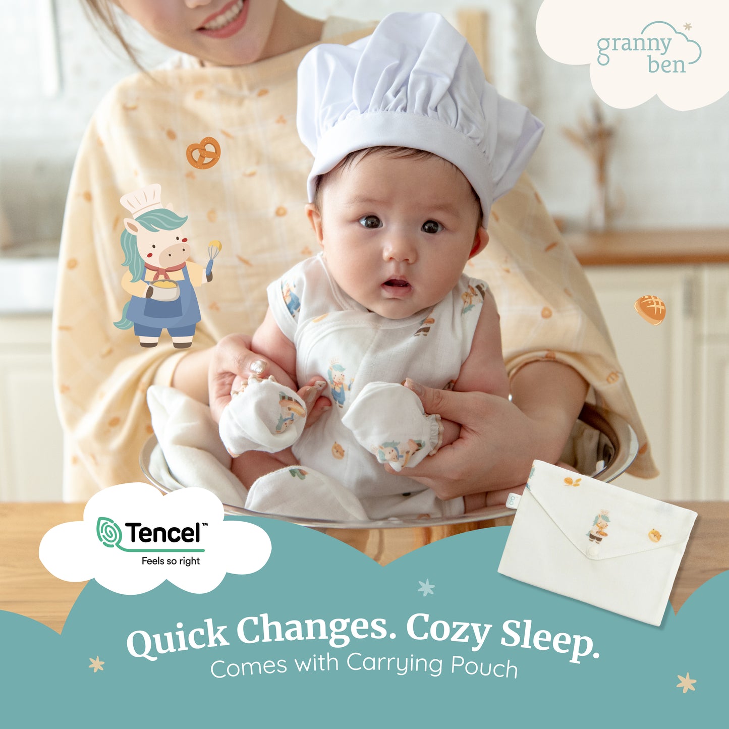 [NEW] Granny Ben TENCEL Snap and Sleep Bodysuit Little Oven Collection